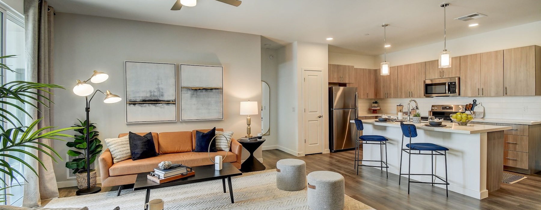 a living room with a couch and a table
